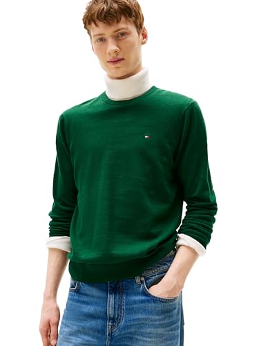 Tommy Hilfiger Herren Cotton Solid Crewneck Sweater Lightweight, Available in Big & Tall Pullover, Ornamental Green Heather, Mittel – Ansicht 1