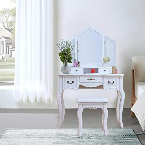 image for Printasaurus [US in Stock] Vanity Table Set with 5 Drawers Tri-Folding