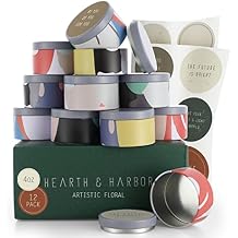 Hearth & Harbor Tin Candle Jars for Making Candles - DIY Candle Containers with Lids - Metal Candle Jars - Bulk Tins Storage for Candle 12, Artistic Floral