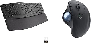 Logitech Ergo K860 Wireless Ergonomic Keyboard-Split Keyboard, Wrist Rest, Natural Typing, Stain-Resistant Fabric, Bluetooth and USB Connectivity, Black & Ergo M575 Wireless Trackball Mouse, Graphite