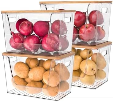 Pack of 4 Onion and Potato Storage Bins, Clear Pantry Organizers and Storage, Stackable Fruit and Veggie Basket, With Bamboo Lid, Store Onion Potato Fruit Vegetable and Produce(Clear, 4 PACK)