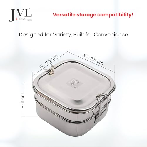 Image of JVL Stainless Steel 2 Tier Lunch Box, Food Grade Steel Tiffin for Kids & Adults, Leak Proof, Rust Resistant, Dishwasher Safe, Ideal for School, Office & Travel (Square, Small)