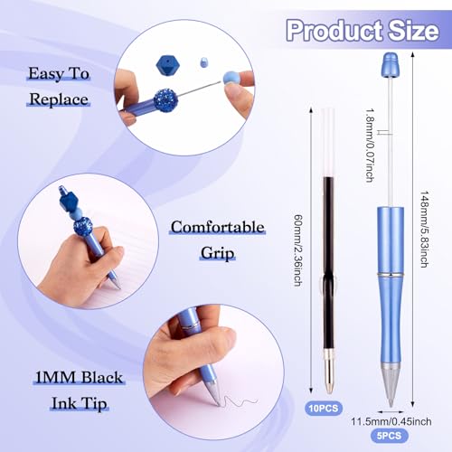 PandaHall 5pcs Beadable Pens with 10pcs 1mm Pen Refills Plastic Beaded Pens Shaft Black Ink Ballpoint Pens for Pen Making School Office Craft Supplies Blue - Image 3