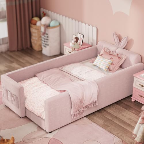 Image of Twin Size Bed Frame for Kids, 83 inch Upholstered Daybed Montessori Platform Floor Bed W /Safety Rails & Storage Pocket Cute Rabbit Ear Shaped Headboard for Girls Boys, Pink
