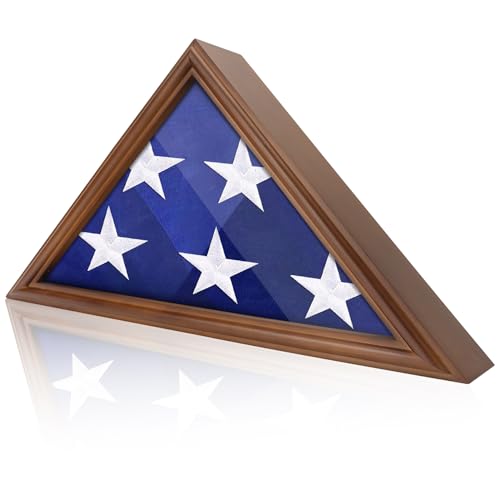 ASmileIndeep Flag Display Case - 5' x 9.5' Funeral & Military Flag Shadow Box with HD Tempered Glass and Wall Mount, Folded Triangle Flag Holder Frame for Veterans, Walnut