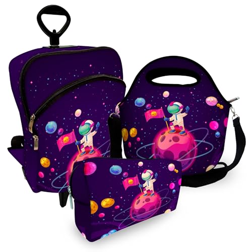 Kit Mochila Escolar Com Carrinho Rodinha + Lancheira+ Estojo Astronauta Roxo