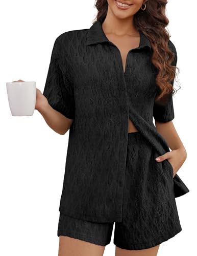 Cnlinkco Womens Button Down Pajamas Casual Set Short Sleeve Sleepwear Soft Printed Womens Loungewear Set Black S