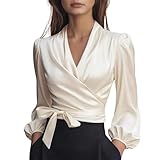 Blusa de satén con cuello en V y manga larga con lazo en la cintura para mujer, elegante camisa cruzada con cuello en V y manga larga para negocios, albaricoque, L