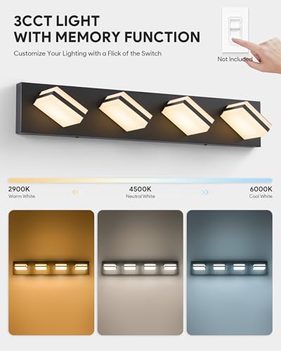 Image of VONLUCE Bathroom Vanity Light Fixture, 4-Light Modern LED Vanity Light, 3CCT Adjustable Bathroom Lights with Memory Function Rotatable Shades, 26 inch Wall Lighting Fixture Over Mirror, Matte Black