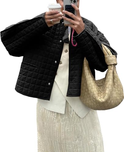 Cicy Bell Womens Lightweight Quilted Jacket Fall Casual Collarless Puffer Coats Long Sleeve Button Down Outerwear