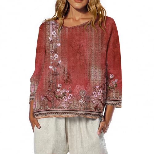 Fall T Shirts Women Loose Fit Linen 3/4 Sleeve Boat Neck Tops Dressy Casual Blouses Floral Print Elbow Sleeve Tops
