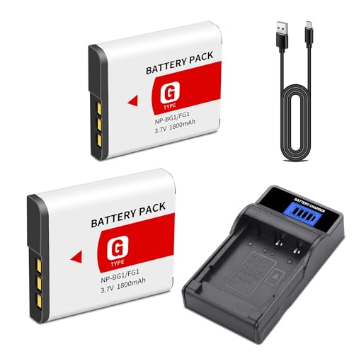 NP-BG1 NP-FG1 BG1 Battery 2-Pack with LCD Slim USB Charger Compatible for Sony Cyber-Shot DSC W130 W210 W220 W230 W275 W290 W300 H10 H50 H70 W290 HX7 HX10 HX30 WX10 H55 HX9 T20 3.7V 1800mAh