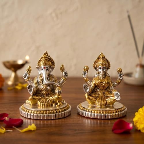 Image of eCraftIndia Golden Silver Plated Metal Laxmi Ganesh Murti for Diwali Pooja | Lakshmi Ganesh Idol | Diwali Decoration Items for Home Decor.
