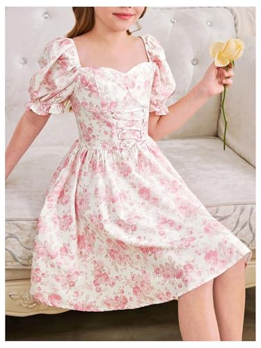 Floerns Girl's Floral Lace Up Short Corset Dresses Sweetheart Neck Puff Sleeve Flare Dress2