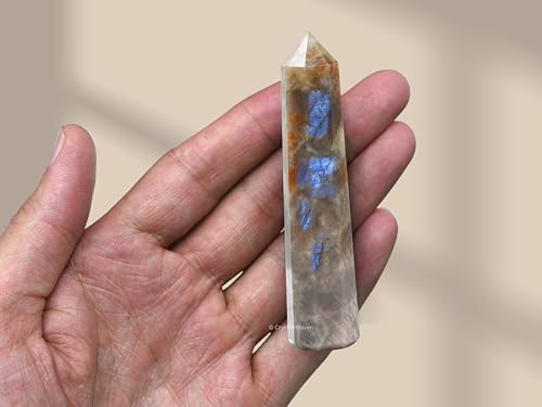 Image of Crystal Heaven Sun Moonstone Crystal Tower Obelisk Point For Chakra, Healing And Balancing - Aaa Grade Original Certified Gemstone Agate For Reiki Meditation Yoga Spiritual (3-4 Inches)