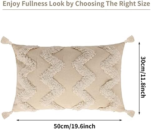 Grevosea Boho Cushion Covers with Tassels, Tufted Throw Pillow Covers Beige Woven Square Pillow Cases with Invisible Zipper for Sofa Bed Farmhouse Living Room Decorations 30 x 50 cm/12 x 20 Inch