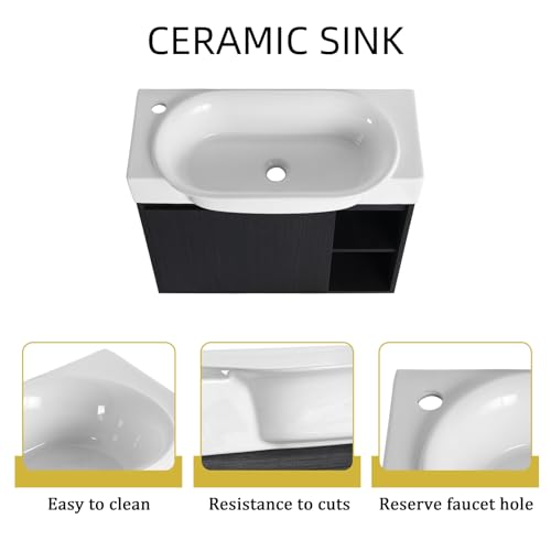 Image of 28 inch Wall Mounted Bathroom Vanity with Ceramic Sink, Modern Floating Bathroom Cabinet with Soft-Close Door & 2 Open Storage Shelves, Farmhouse Small Bath Vanity Set, Easy to Clean, Black