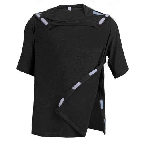 Image of Unisex Post Shoulder Surgery Shirts Recovery Tear Away Short Sleeve Chemo Clothing with Stick On Fasteners, Convenient