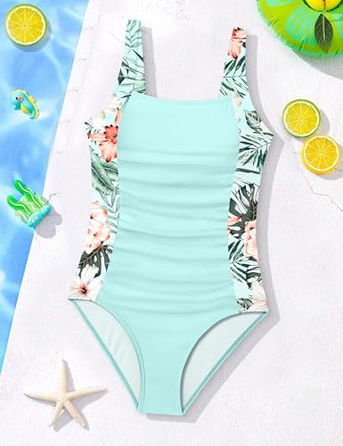 Image of Girl Swimsuit One Piece Bathing Suit for Girls Solid Color Ruched Adjustable Straps Padded Swimwear 9-18y