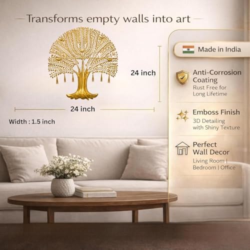 Image of Bharat Art IRON CUCUMBER LED TREE Metal Wall Decor | Luxury Golden Tree Wall Art with LED Light | Modern Iron Wall Hanging for Living Room Bedroom Hall Office Home Decoration | 24x1.5x24 | CW389