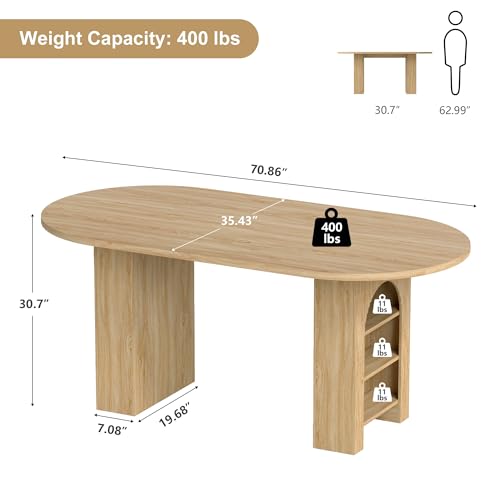 Image of weselon 70.8 inch Oval Dining Table with Dual Side Storage Shelves, Wooden Table for 4-6 People, Modern Farmhouse Round Dinner Tables for Kitchen Living Room (Natural, Table Only)