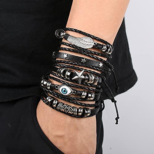 Wainis 6 Pack Mens Black Leather Bracelets Set For Men Stackable Braided Cuff Bracelet Tribal Punk Rock Handmade Wristband #TOP5