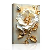 WENGTIAO Weiße Pfingstrose Blumen Leinwand Bilder Kunstdrucke mit Rahmen Aesthetic Goldene Blätter Weiß Blumen Bild auf Leinwand Wandbilder Wohnzimmer Schlafzimmer Deko 30x40cm