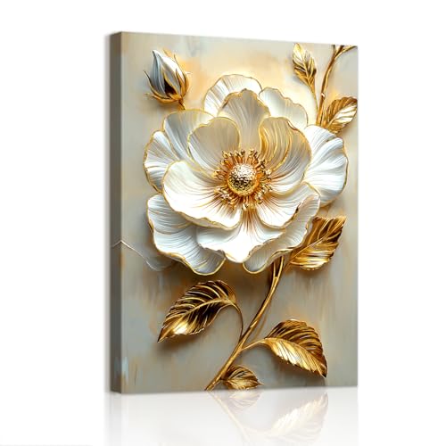 WENGTIAO Fleurs Pivoines Blanc Tableau Decoration Murale Encadré Toile Peinture Feuilles d'or de Luxe Blanc Fleurs Decoration Murale Salon Maison Deco Chambre...