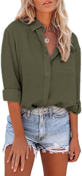 Womens Button Down Shirts Long Sleeve Dress Linen Shirts Casual Collared Cotton Button Up Blouses Oversized Tops with Pockets - Image 3