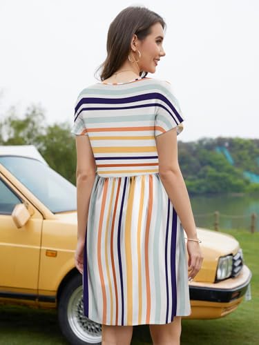 Image of Womens Summer Striped Short Sleeve T-Shirt Dresses Casual Crew Neck Mini Dress Flowy Beach Sundress