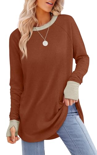 Image of XIEERDUO Womens Tunic Tops to Wear with Leggings Long Sleeve Thumb Hole Shirts Crew Neck Curved Hem