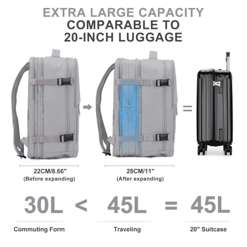 Image of coowoz Large Travel Backpack For Women Men, Carry On Backpack,Hiking Backpack Waterproof Outdoor Sports Rucksack Casual Daypack Expandable Heavy Duty Extra large Backpack Grey Expansion