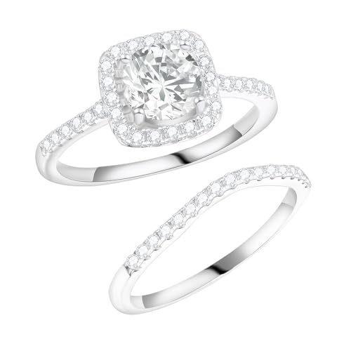 Solitaire Moissanite Engagement Ring Set for Women,1.0CT Round D Color VVS1 Clarity Halo 925 Sterling Silver Promise Ring Wedding Band Moissanite Ring Set
