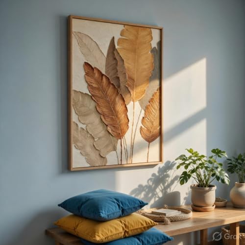 Image of Livin'luxe Minimalist Botanical Leaf Wall Painting with Natural Color Synthetic Frame | Modern Beige Leaf Artwork HD UV Laminated MDF Wall Decor | Aesthetic Nature Wall Art for Living Room Bedroom Home