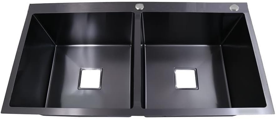 COOTER 45" x 20" x 10" Handmade 304 Grade Stainless Steel Double Bowl Kitchen Sink (45" x 20" x 10" Double Bowl With Tap Hole Black)