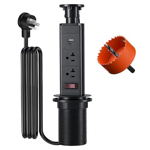 AWINLI Countertop Pop-Up Power USB Socket with 2 T-Shaped Blade Power AC Sockets,1 USB-C and 1 USB Port Socket,5.5FT Retractable Concealed Power Socket,NEMA 5-20R/NEMA 6-20R,Used for Offices,Kitchen.