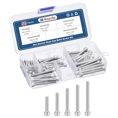 Kozelo 50pcs M4 Socket Head Cap Screws Bolts Nuts Assortment Kit - [M4x20/25/30/35/40mm] 304 Stainless Steel Allen Socket Drive for 3D Printer