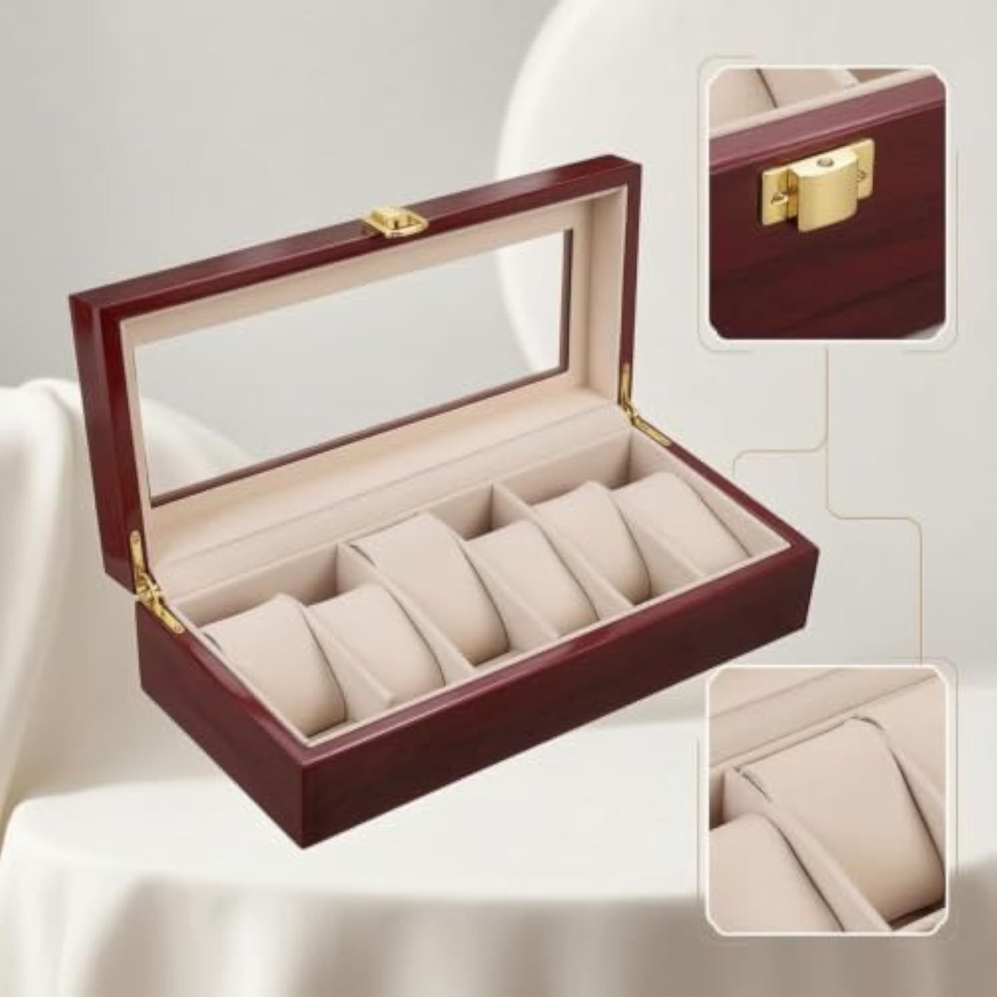 Lacquered Watch Storage Box with Glass Lid, Luxury Organizer