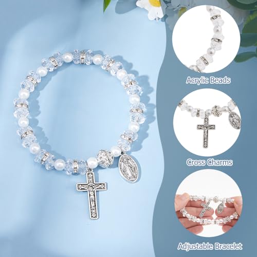 24pcs Beaded Stretch Rosary Bracelet Rosary Bead Bracelet with Mesh Bags Baptism Communion Shell Bracelets Seashell Color Catholic Bracelets with Crucifix for Women4