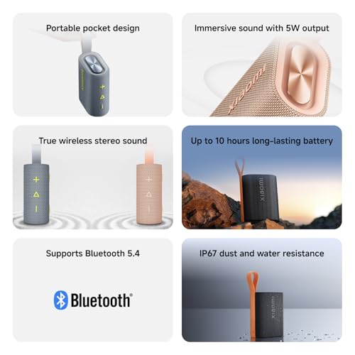 XIAOMI Sound Pocket Portable Bluetooth Speaker, 5W Compact Mini Speaker, 10 Hours Playtime, IP67 Waterproof and Dustproof, TWS Pairing, Wireless, Outdoor and Travel - Black