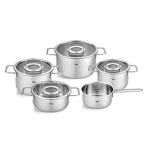 Fissler Pure Collection/roestvrijstalen kookpannenset, 5-delig, pannen met glazen deksel (3 kookpannen, 1 braadpan, 1 steelpan) - inductie, zilver