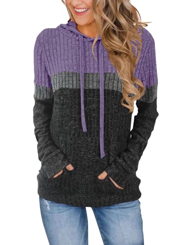 MixShe Women’s Color Block Knit Hoodie – Casual Long Sleeve Pullover Sweater Tops with Pocket