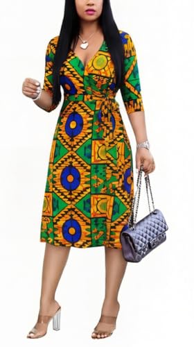 Image of Womens Plus Size Summer Dresses Sexy V Neck Midi Dress Faux Wrap Dress 3 /4 Sleeve Boho Casual Floral A-Line Skirts