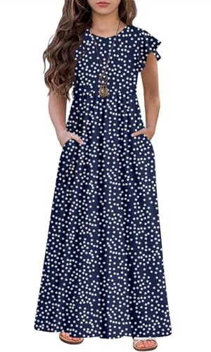 HOSIKA Girls Floral Maxi Dress Boho Ruffle Sleeve Pleated Casual A-line Swing Dresses with Pockets 6-12 Years