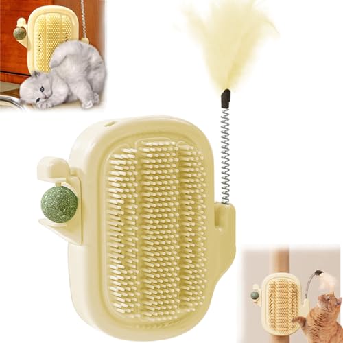 Agamino 3-in-1 Cat Self Groomer Brush – Wall Corner Cat Scratch Pad with Catnip Ball & Feather Toy, Cactus-Style Wall Brush for Indoor Cats, Cats Massager & Face Scratchers for Fur Pets