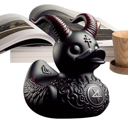 Duckieville Statue de canard en résine noire Duckieville - Statue de canard Duckieville - Sculpture de canard rocker - Objet de collection gothique punk - Figurine de canard Satan - Décoration de