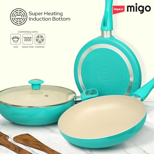 Image of Impex Ceramic Cookware Set | 6 Pc Induction Base Non Stick Kadai Pan with Lid, Fry Pan, Tawa Pan and 2 Spatulas | Free from PTFE, PFOA and Heavy Metals| 100% Non Toxic | 2 Year Warranty