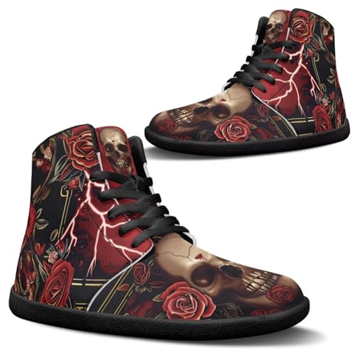 Binienty Skull Women Men High Top Barefoot Shoes Red Rose Flat Sneakers Fashion PU Leather Sneaker Ankle Booties Non Slip Waterproof Casual Shoes with Shoelace