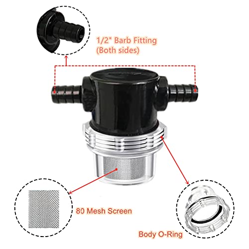 1/2 Inches Water Pump Strainer, Rv Water Pump Filter Compatible With 3/8 Inches Hose Barb In-Line Strainer Twist-On Pipe Sprayer For 12V Dc 80 Psi Camper Marine Boat Lawn, 80 Mesh Filter 2Pc #TOP3