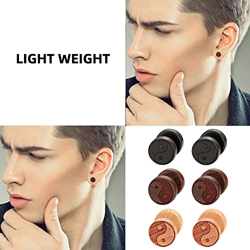 Rofusn Vintage Men's 6Pcs Wood Pierced Stainless Steel Yin Yang/Maple Leaves Fake Gauges Tunnel Round Screw Stud Earrings #TOP5